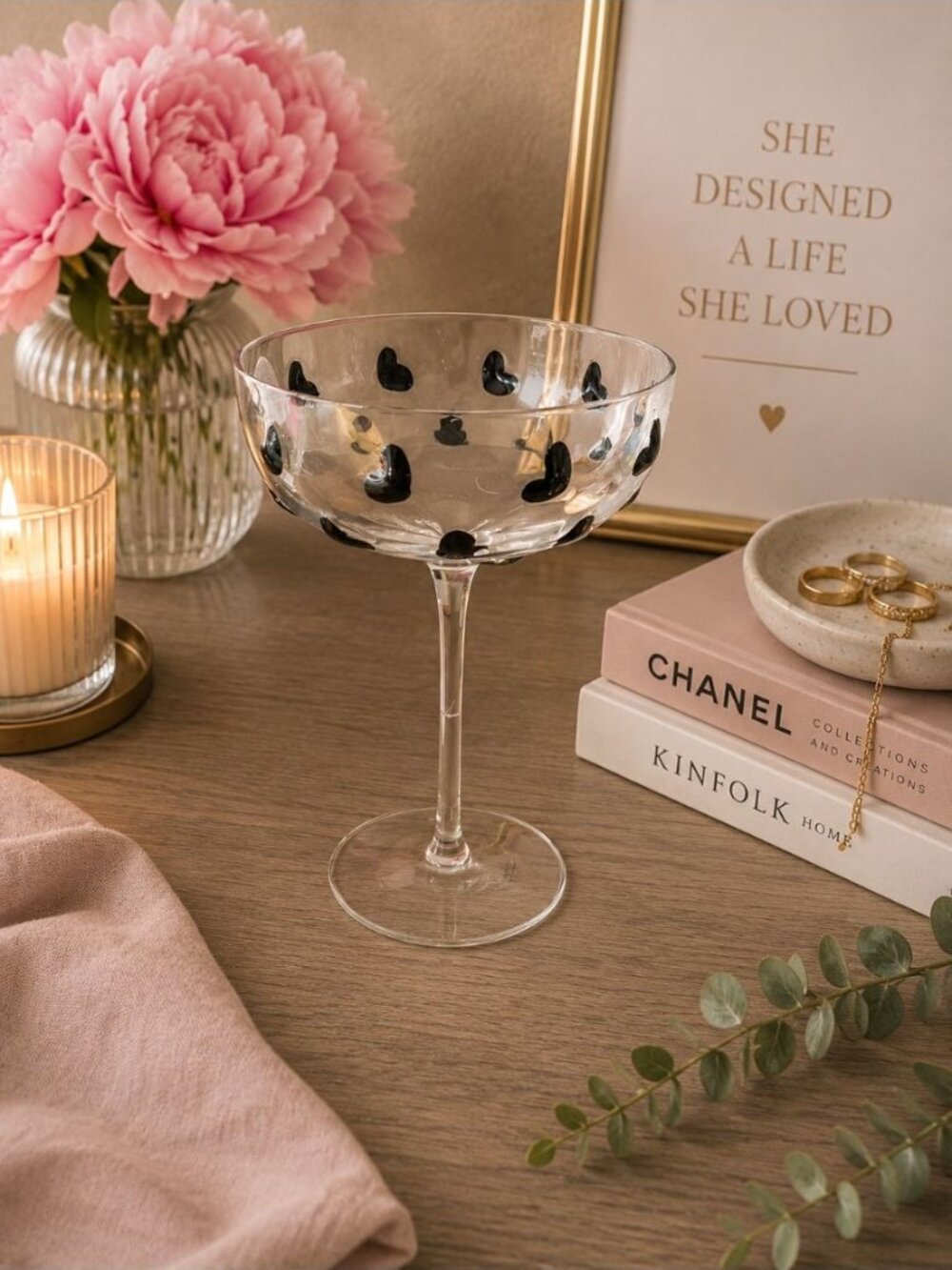 New Black Hearts Valentines Day Martini Cocktail Champagne Glass Cup